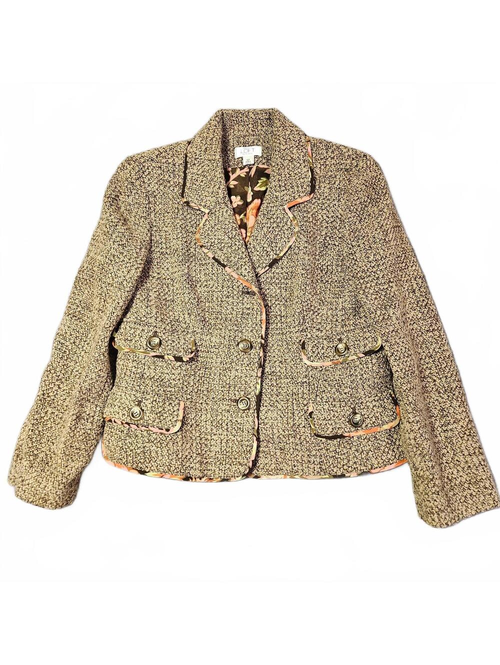 Ann Taylor LOFT Women's Petite 14P Brown Tweed Wool Blend Blazer Jacket Floral